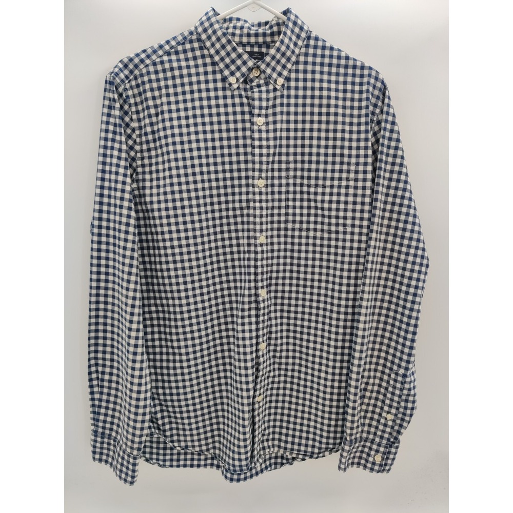 Gap Mens Slim Fit Gingham Button Down Shirt Navy Blue White Large L Long Sleeve
